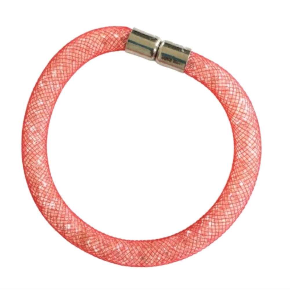 Faux Diamonds Crystals Mesh Bangle Bracelet Magnetic CZ Bling Pink Salmon
